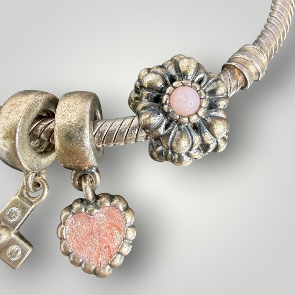 Pandora 925 ALE Sterling Silver Bracelet 7” with 4 Charms Pink Heart Cross - Picture 4 of 8